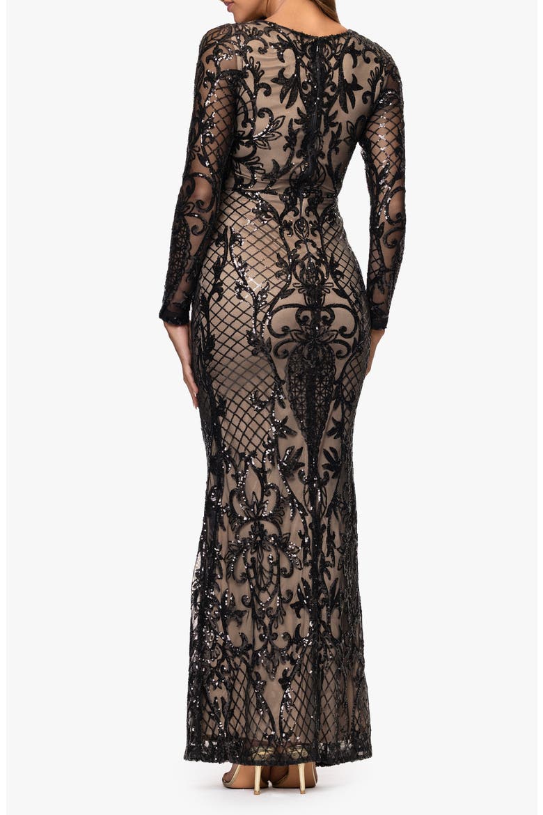 Sequin Placement Long Sleeve Gown, Alternate, color, BLACK/ NUDE