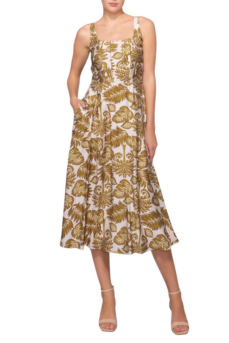 Sleeveless Fit & Flare Midi Dress, Main, color, OLIVE LEAF PRINT