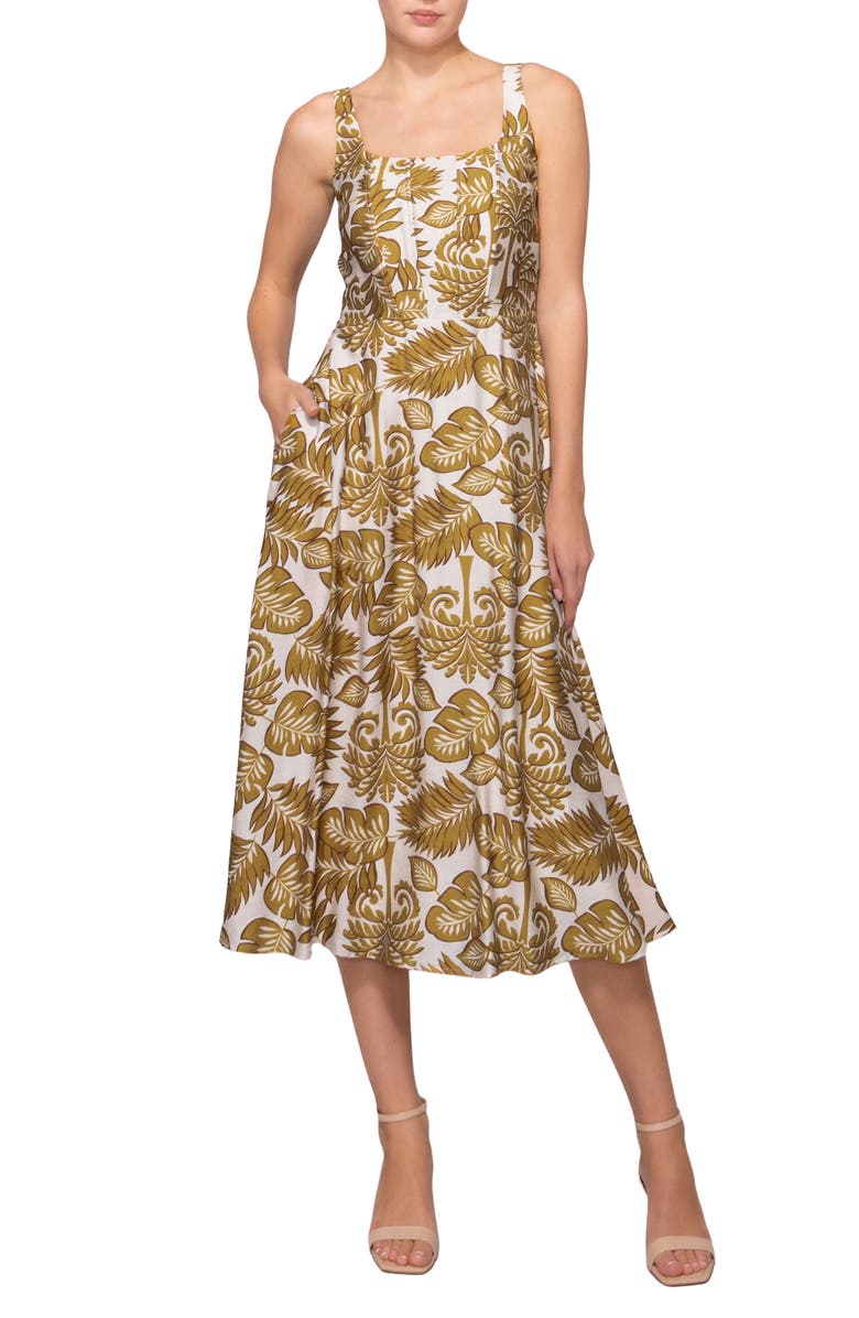 MELLODAY Sleeveless Fit & Flare Midi Dress, Main, color, Olive Leaf Print