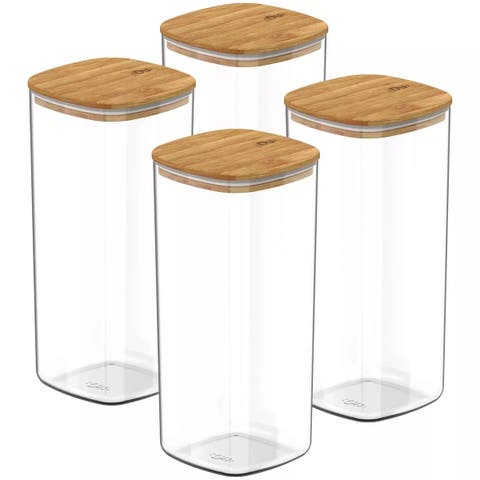 Clear Stackable Airtight Food Storage Container Set with Wood Lid 8 Piece (4 Jars + 4 Lids)