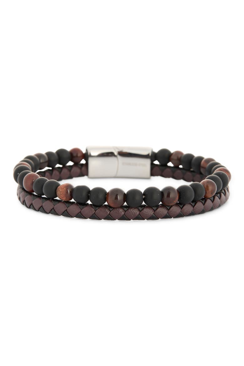 Stone & Braided Strap Bracelet, Main, color, BROWN MULTI- SILVER