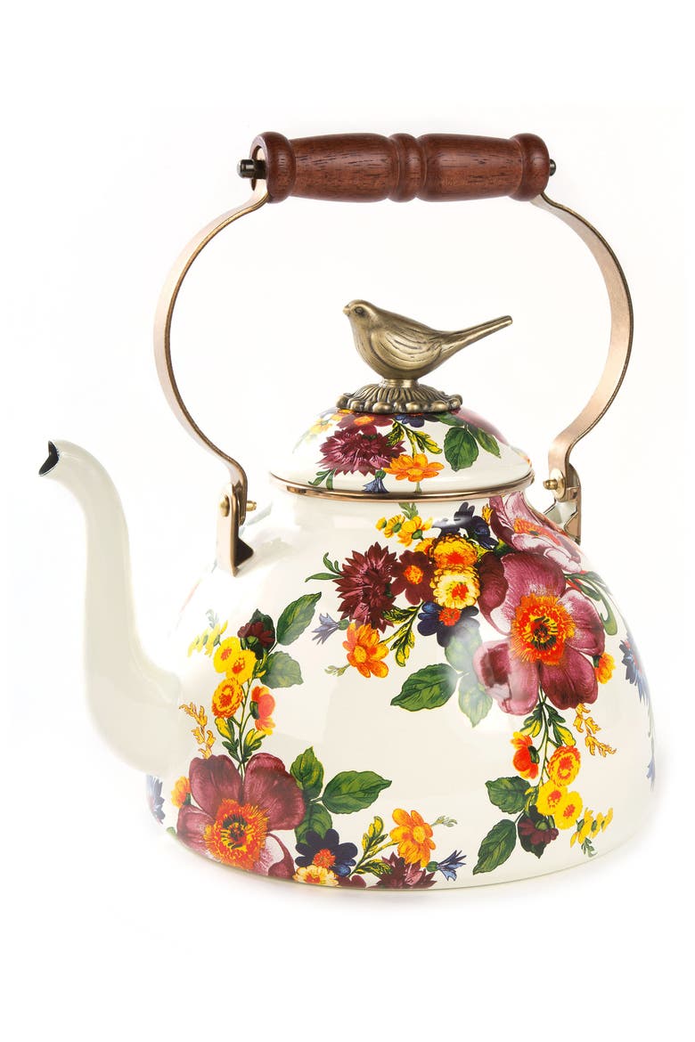 White Flower Market 3-Quart Enameled Steel Teapot, Main, color, WHITE