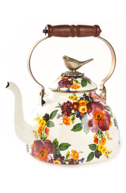 White Flower Market 3-Quart Enameled Steel Teapot