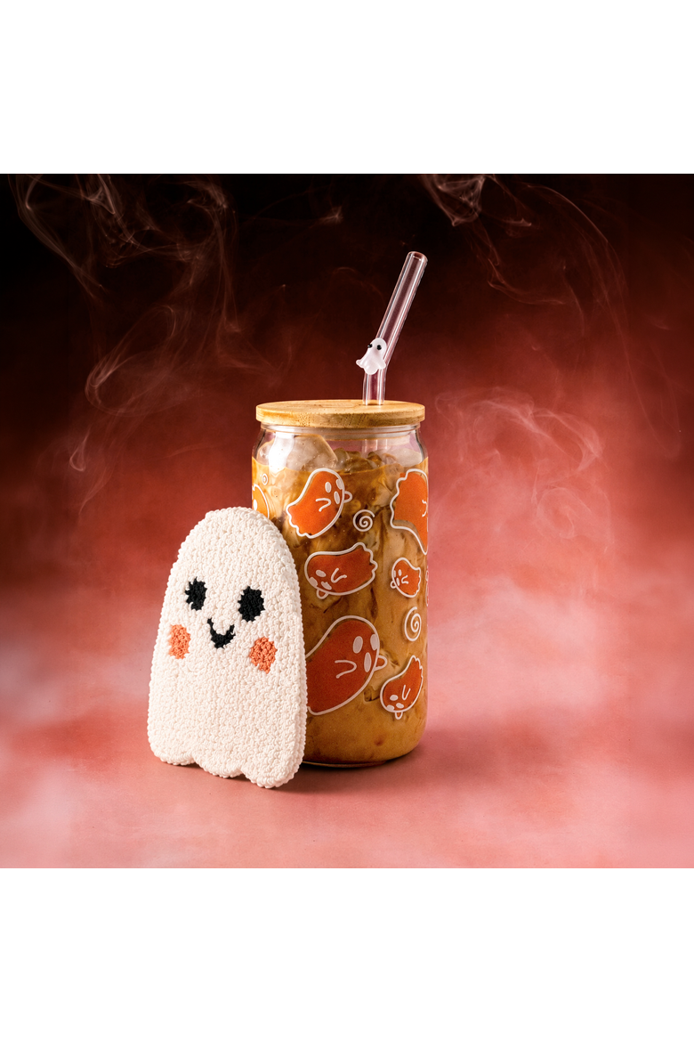 Color-Changing Ghostie Glass Cup Mug Rug & Straw Bundle, Alternate, color, White/Orange (Color-Changing)