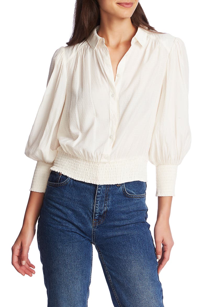Dot Jacquard Smocked Waist Button Front Top, Main, color, SOFT ECRU