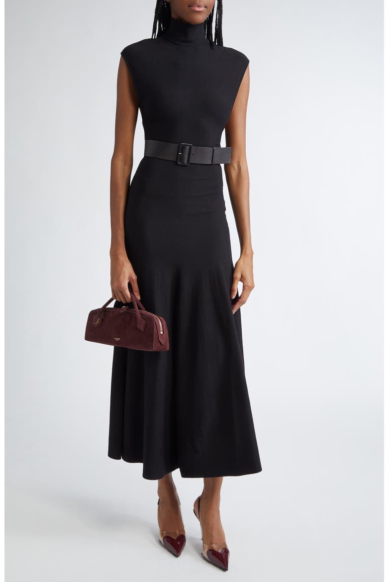 Turtleneck Jersey Belted Dress, Main, color, NOIR ALAIA