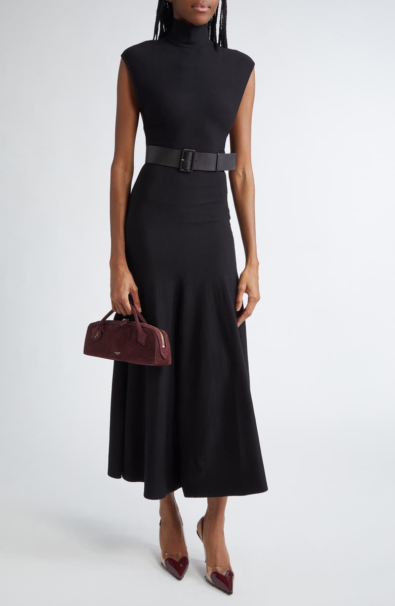 Alaïa Turtleneck Jersey Belted Dress, Main, color, Noir Alaia