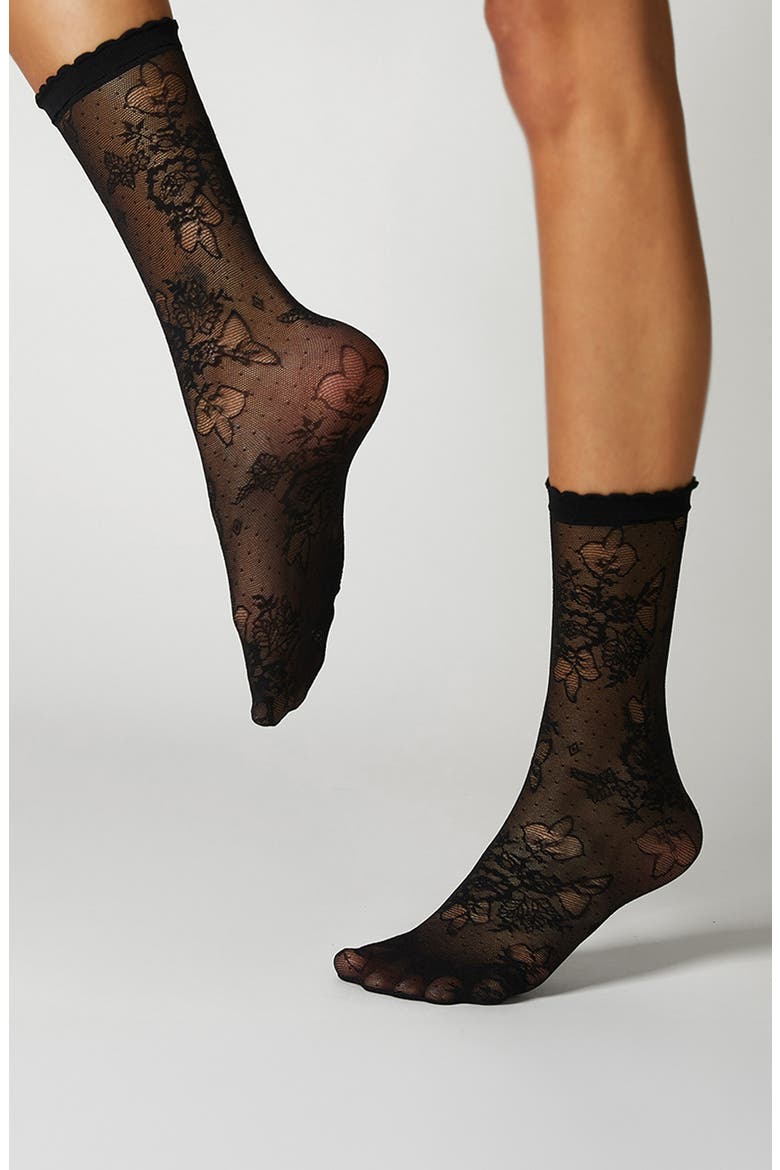 Margaux Floral Lace Crew Socks, Alternate, color, BLACK