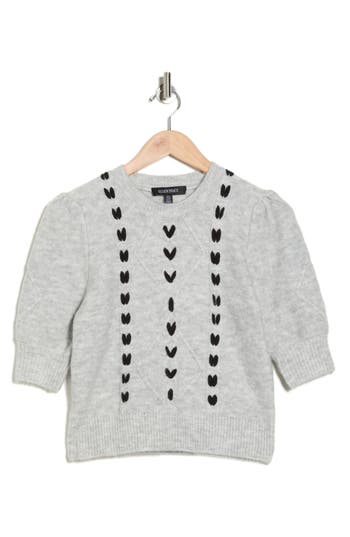 Ellen Tracy Embroidered Short Sleeve Crop Sweater In Gray