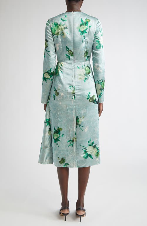 Erdem Abstract Rose Print Draped Long Sleeve Satin Midi Dress In Green
