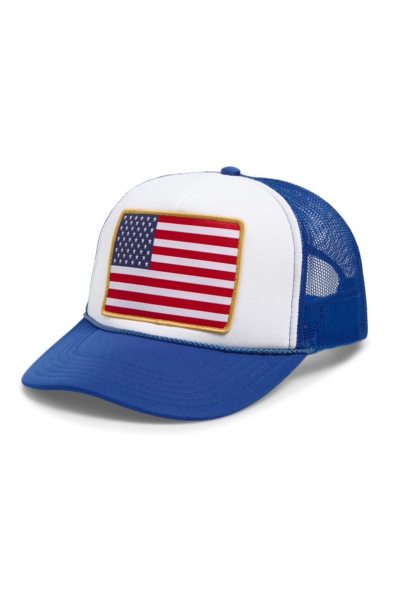 American Flag Patch Trucker Hat, Main, color, BLUE & WHITE