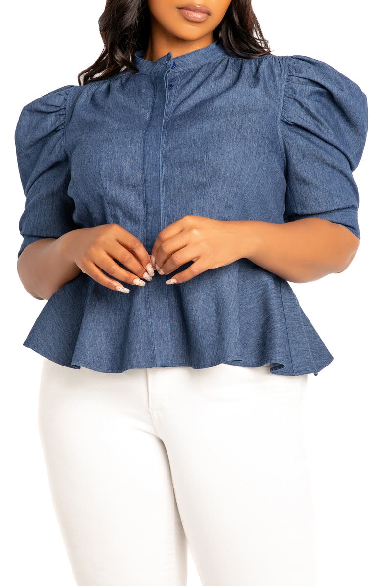 BUXOM COUTURE Puff Sleeve Peplum Denim Shirt, Main, color, 