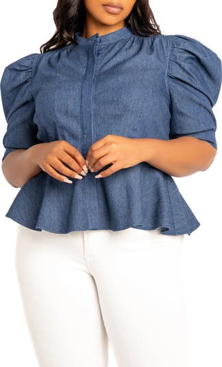 BUXOM COUTURE Puff Sleeve Peplum Denim Shirt | Nordstrom