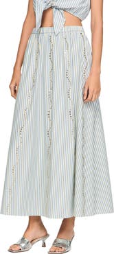 SANDRO Rhinestone Striped Long Skirt