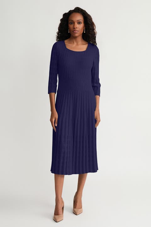Linear Pointelle Tonal Knit Fit-N-Flare Midi Dress