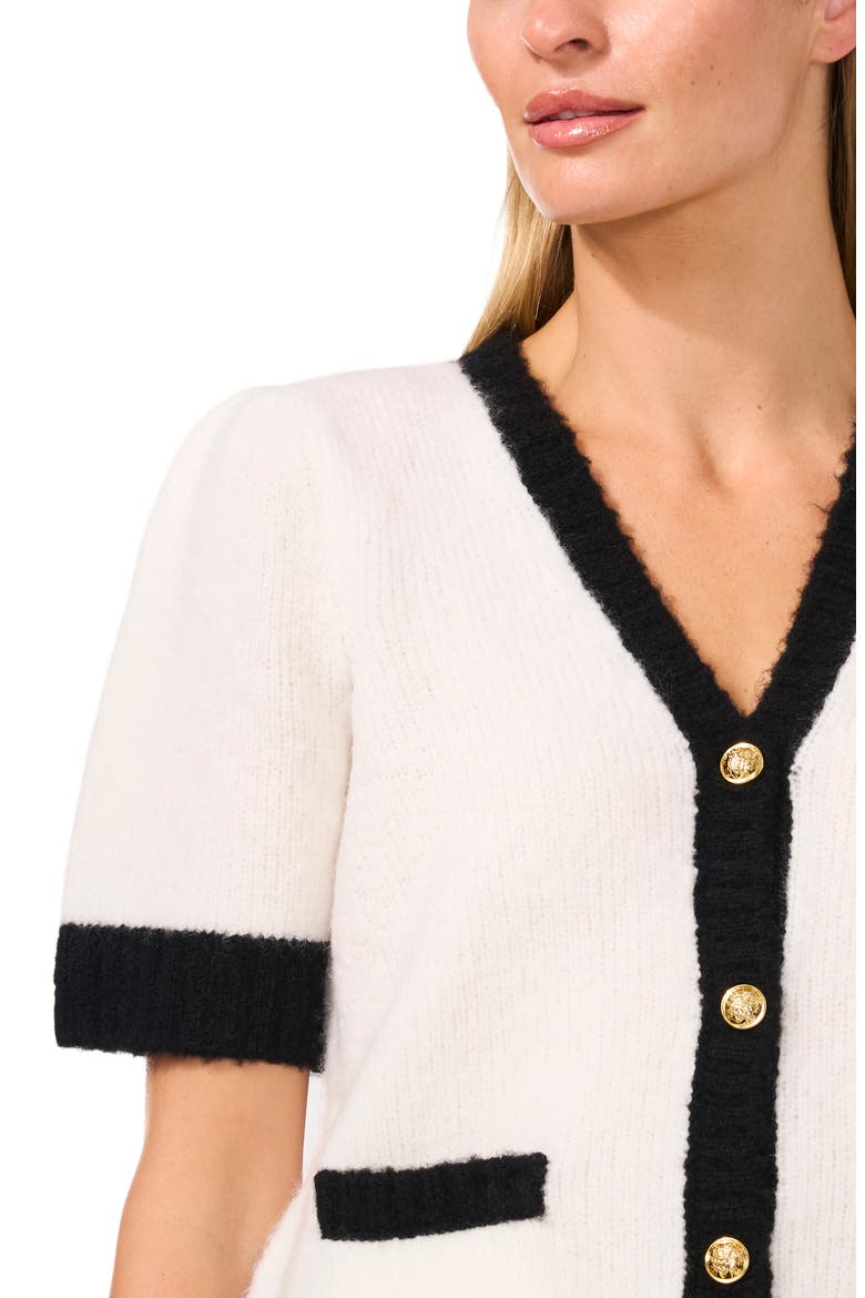 Contrast Trim Short Sleeve Cardigan, Alternate, color, ANTIQUE IVORY WHITE