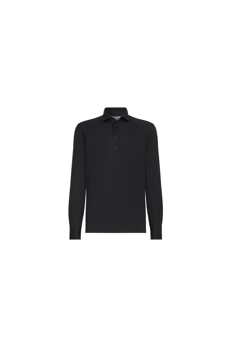 Silk and cotton lightweight jersey long sleeve polo with shirt-style collar, Alternate, color, Navy Blue