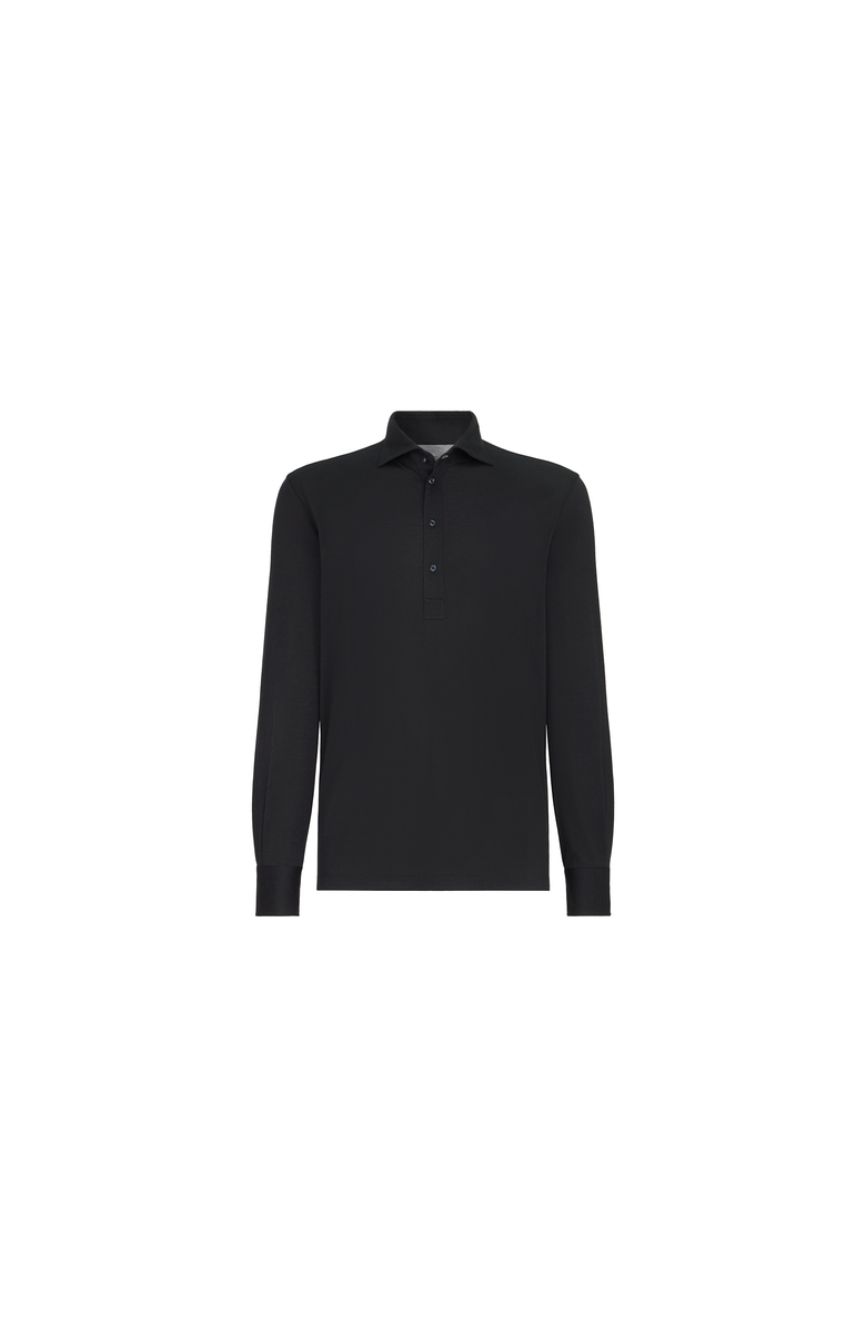 Brunello Cucinelli Silk and cotton lightweight jersey long sleeve polo with shirt-style collar, Alternate, color, Navy Blue