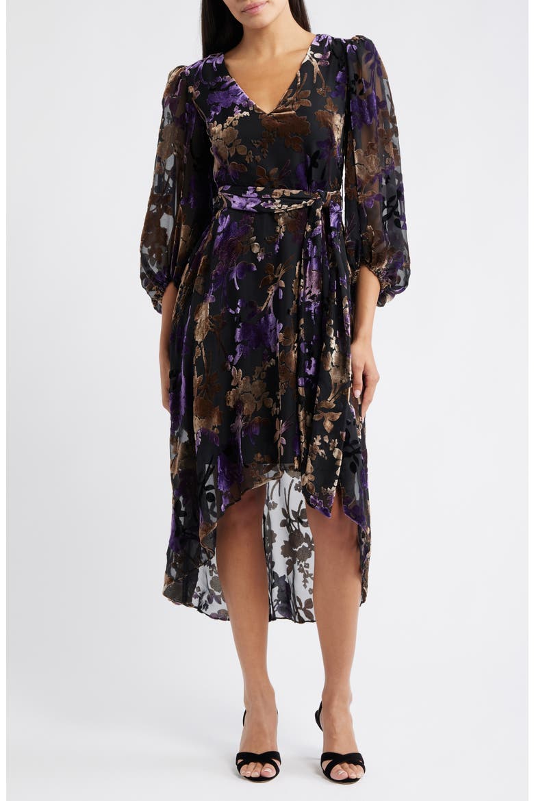 Floral Burnout Velvet Puff Sleeve Midi Dress, Main, color, BLACK PLUM