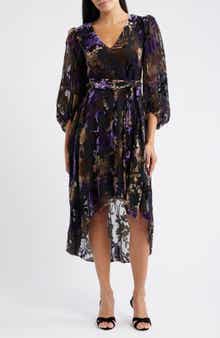 Eliza J Floral Burnout Velvet Puff Sleeve Midi Dress