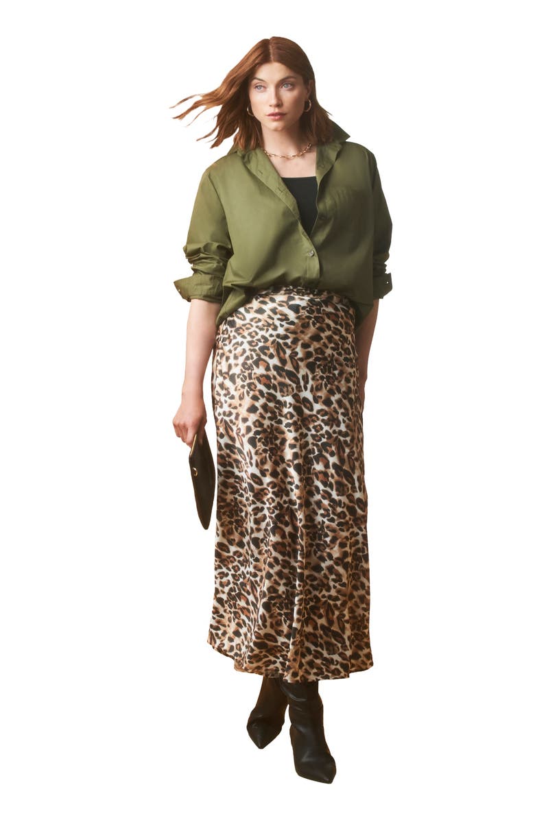 Jessica London Satin Maxi Skirt, Main, color, Cognac Watercolor Cheetah