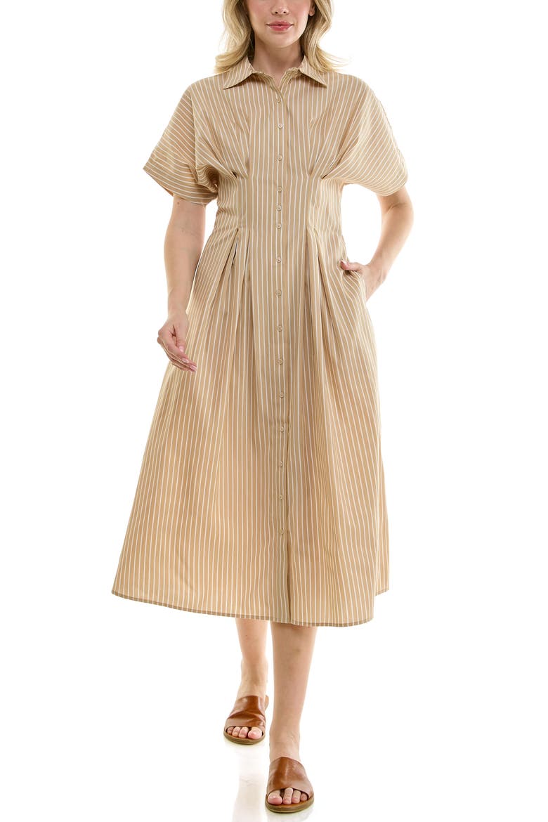 Pintuck Waist Midi Shirtdress, Alternate, color, MOCHA / WHITE