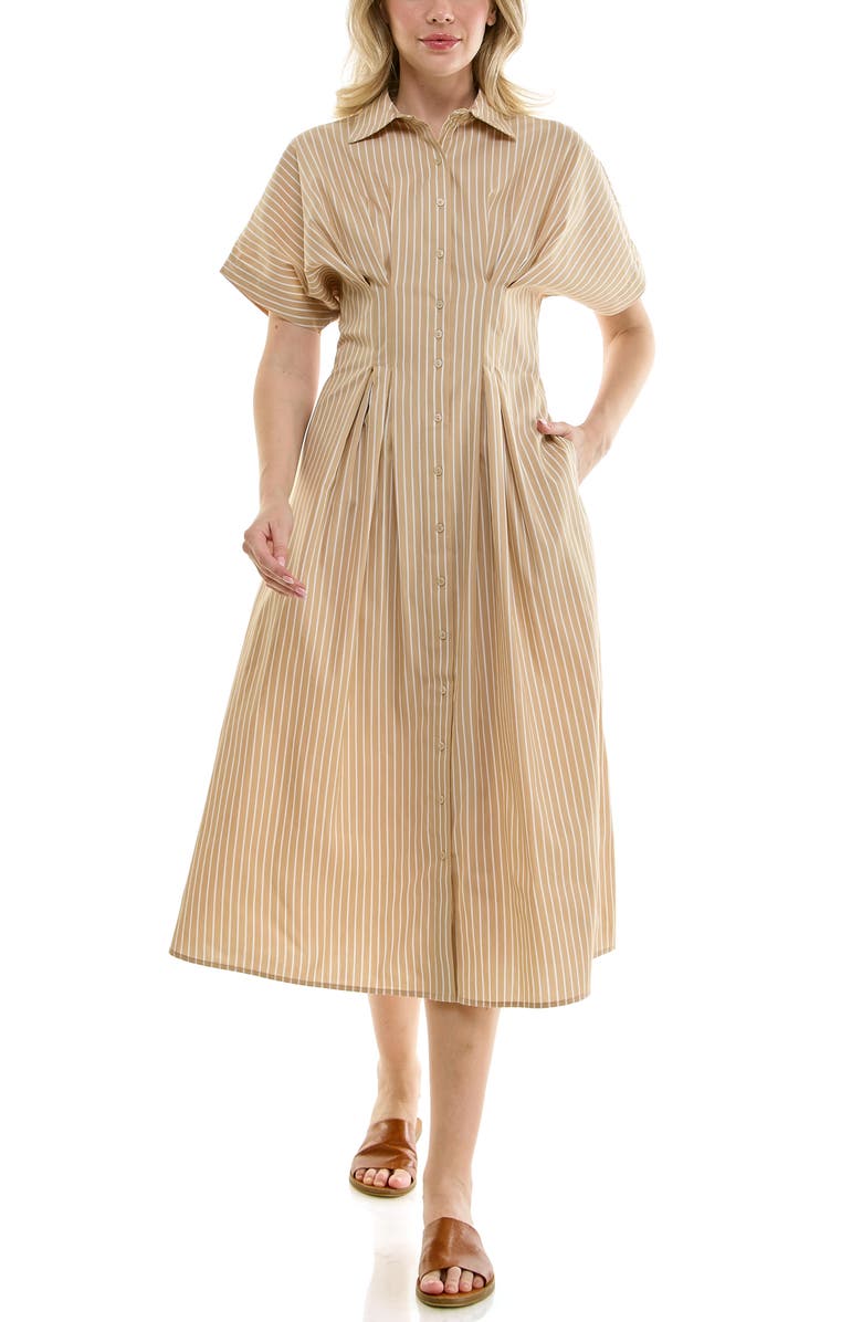 Nicole Miller Pintuck Waist Midi Shirtdress, Alternate, color, Mocha / White
