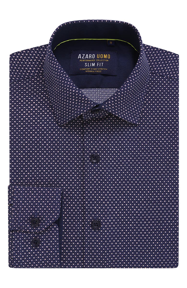 Azaro Uomo Slim Fit Geometric Print Performance Dress Shirt, Alternate, color, Navy