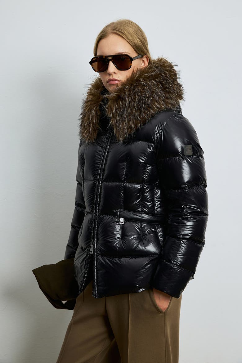 Women's Shiny Down Puffer Jacket With Removable Fur Collar, Alternate, color, Black