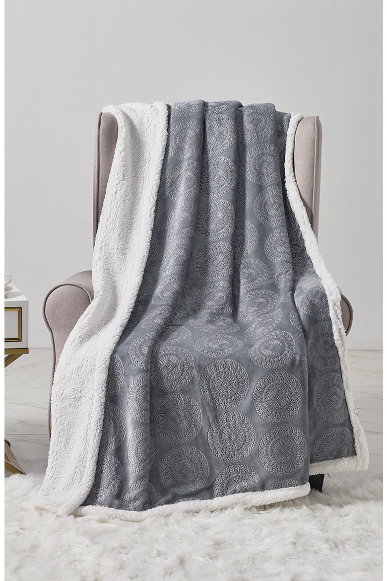 Embossed Caesar Faux Shearling Throw Blanket, Alternate, color, GREY