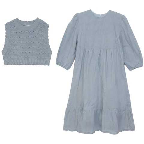 Embroidered Cotton Scalloped Hem Dress with Vest Set