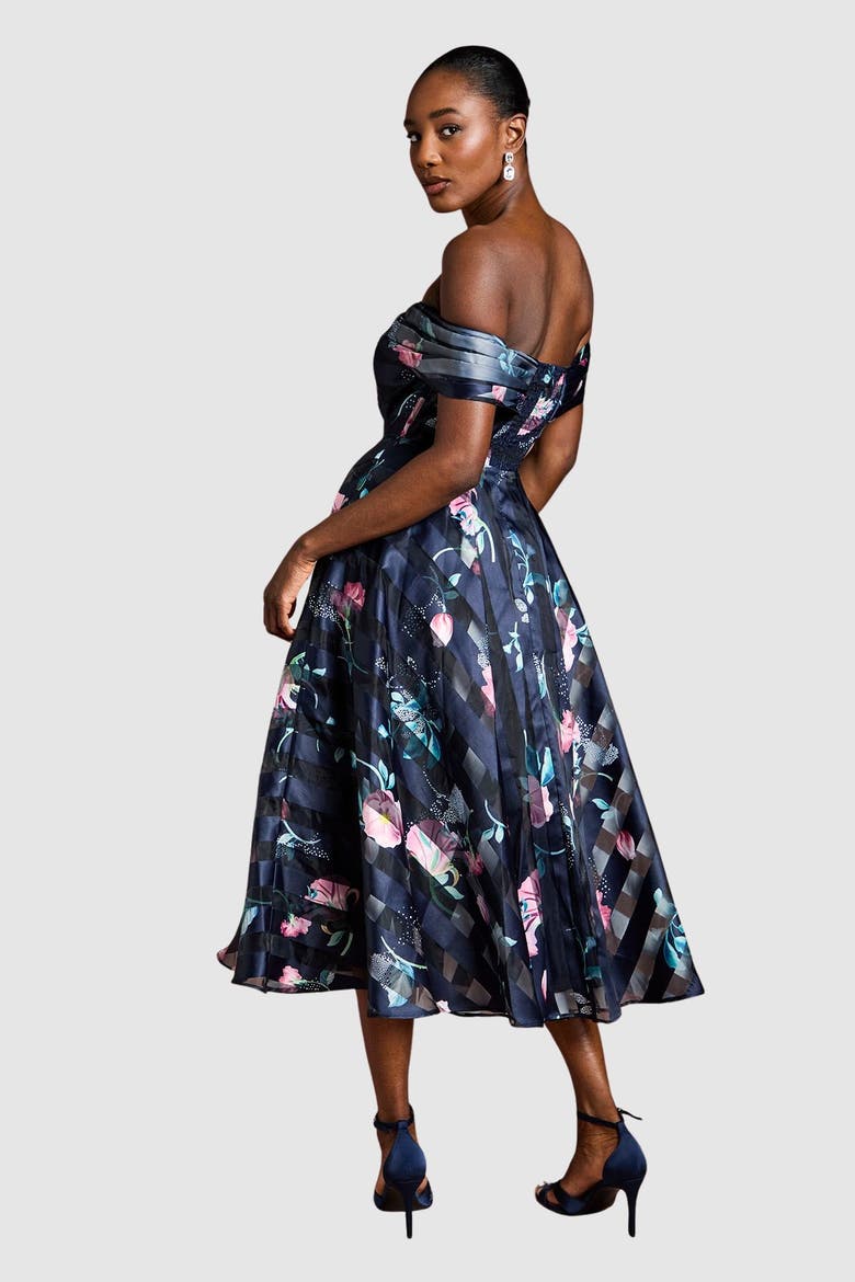 Stripe Organza Pleat Top Midi Dress, Alternate, color, Navy