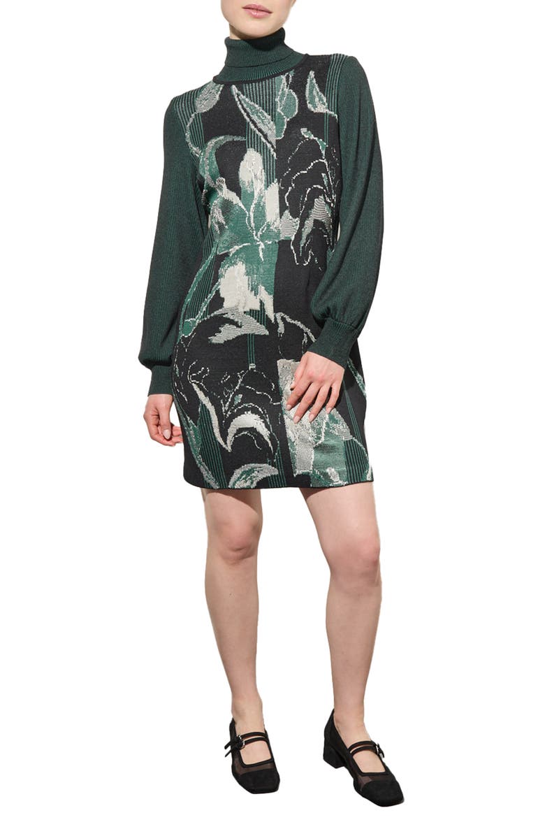 Ming Wang Botanical Long Sleeve Jacquard Knit Sweater Dress, Main, color, Black/ Forest