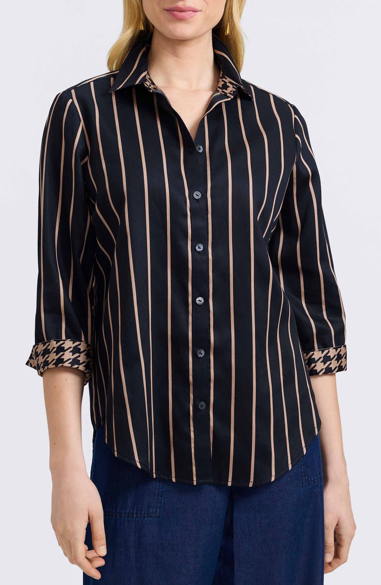 Foxcroft Margie Stripe Three-Quarter Sleeve Button-Up Shirt, Main, color, Black/ Almond