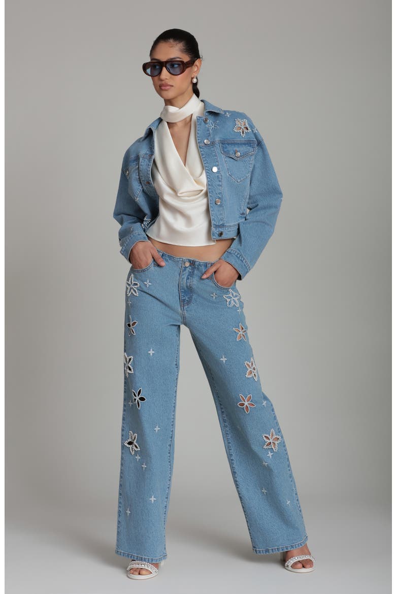 Faux Pearl Floral Denim Jacket, Alternate, color, FLEUR STAMP/ NIKKI WASH