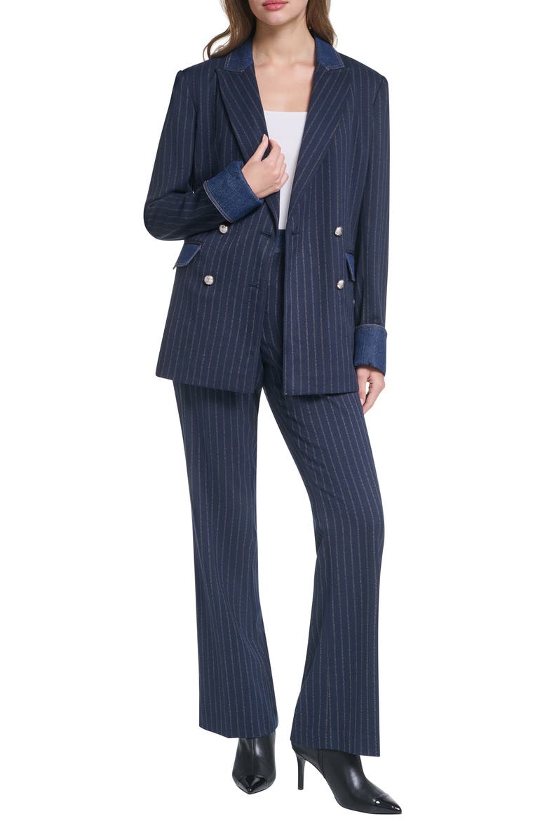 Denim Trim Striped Blazer, Alternate, color, NAVY/ GOLD