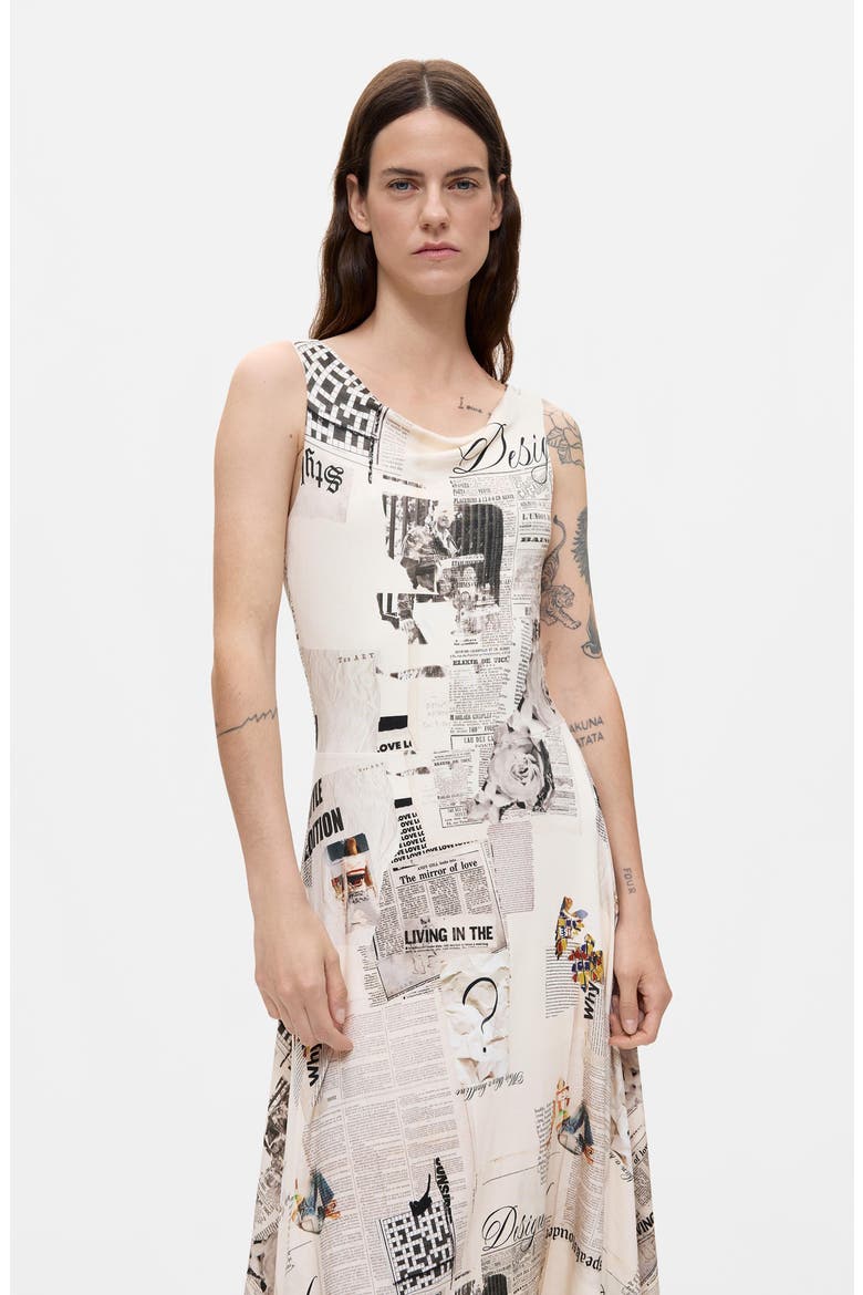 Newspaper Print Handkerchief Hem Dress, Alternate, color, WHITE