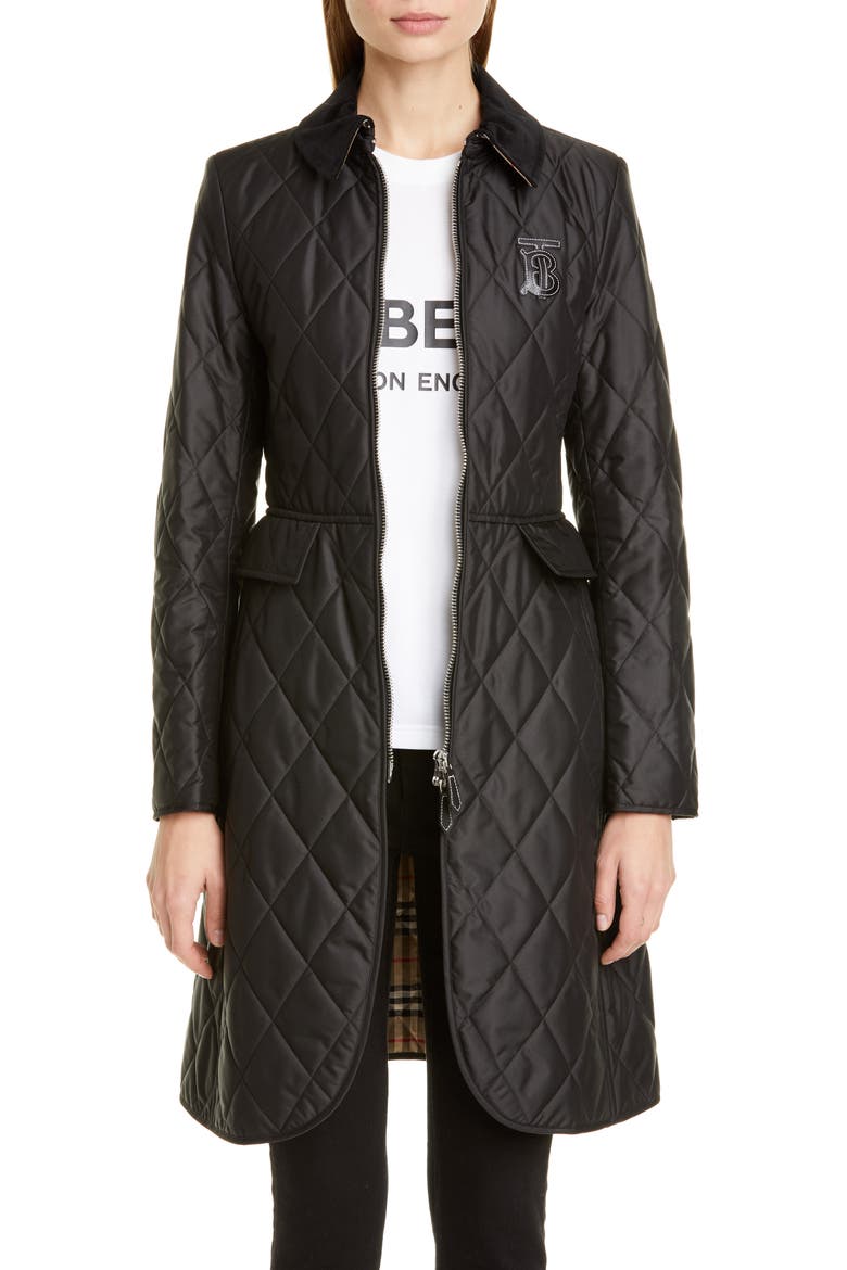 Ongar Monogram Motif Long Quilted Coat, Main, color, BLACK