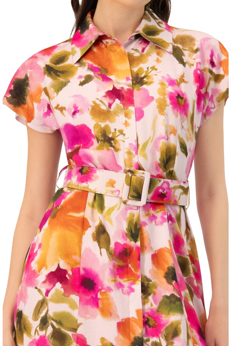 Midi Belted Floral Print Shirt Style Dress, Alternate, color, Multicolor-Pink