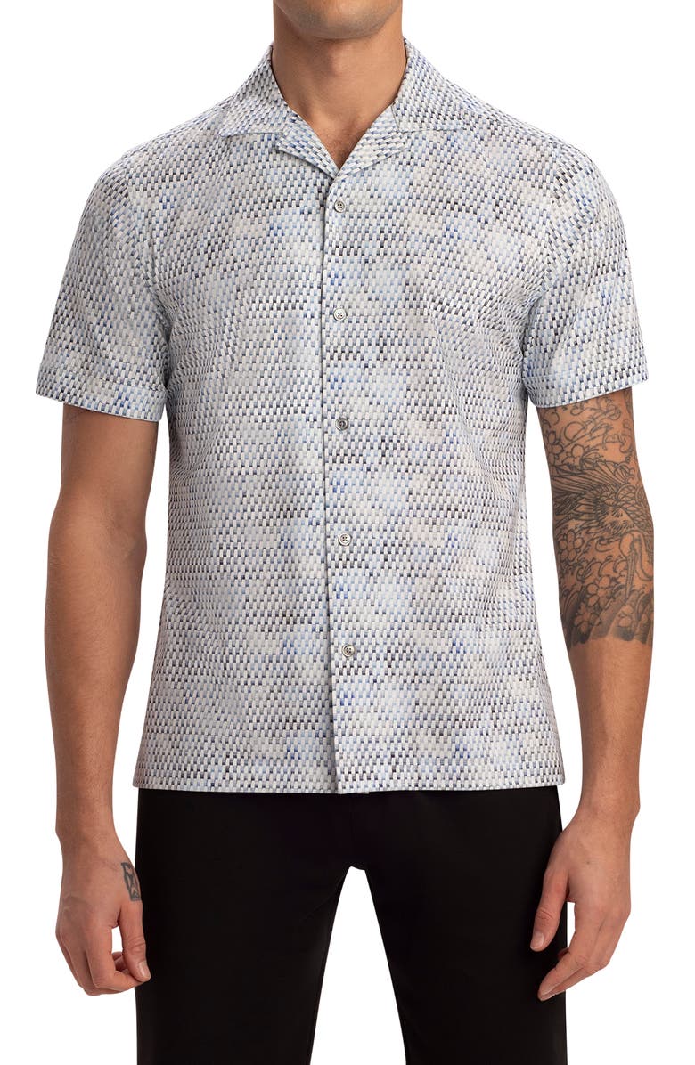 Bugatchi OoohCotton<sup>®</sup> Tech Short Sleeve Button-Up Camp Shirt, Main, color, Platinum