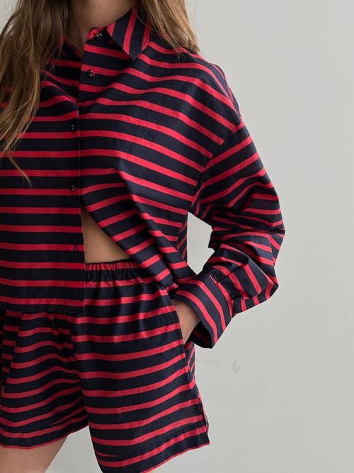 Weworewhat Long Sleeve Crop Button Down Shirt In Tr Red/dk Navy