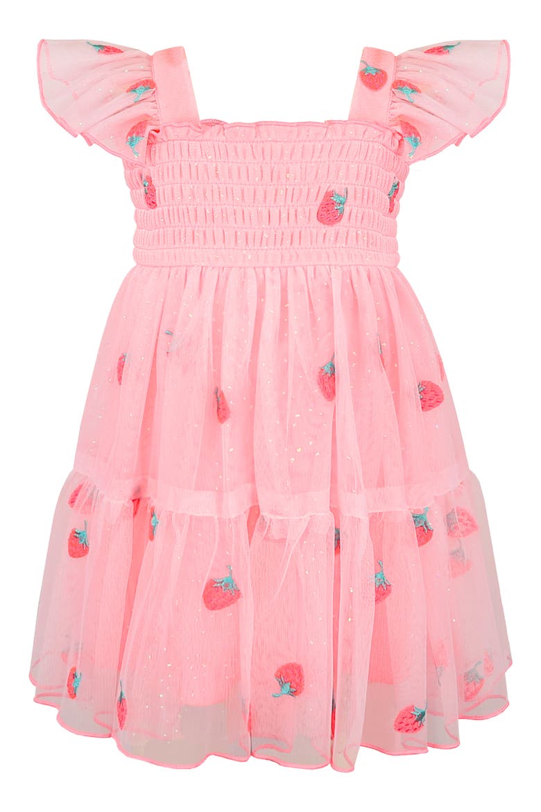 Flutter Sleeve Smocked Strawberry Embroidered Dress, Main, color, NEON PINK