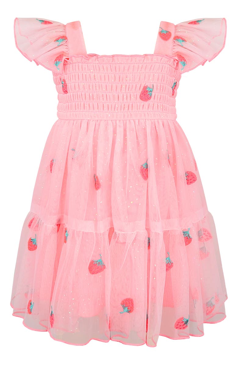 Zunie Flutter Sleeve Smocked Strawberry Embroidered Dress, Main, color, Neon Pink