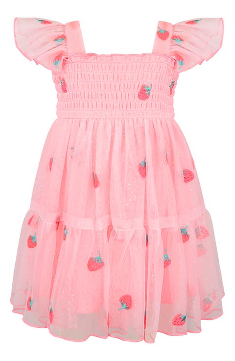 Flutter Sleeve Smocked Strawberry Embroidered Dress (Baby)