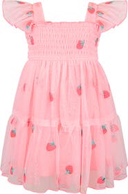 Zunie Flutter Sleeve Smocked Strawberry Embroidered Dress