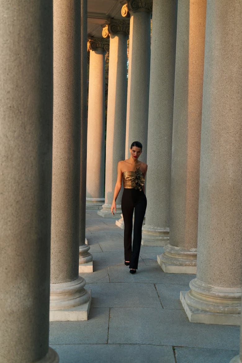 Flower Detail Jumpsuit, Alternate, color, Gold & Black Combo
