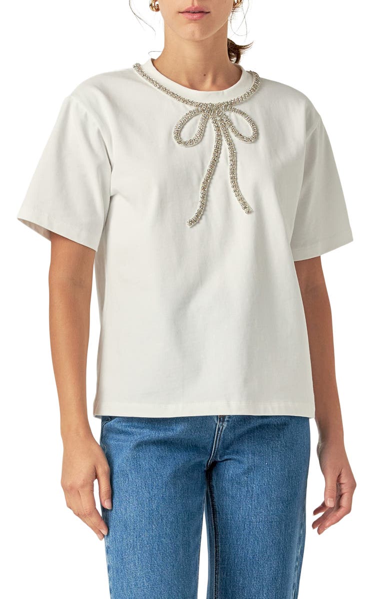 English Factory Embellished Bow Top, Main, color, White