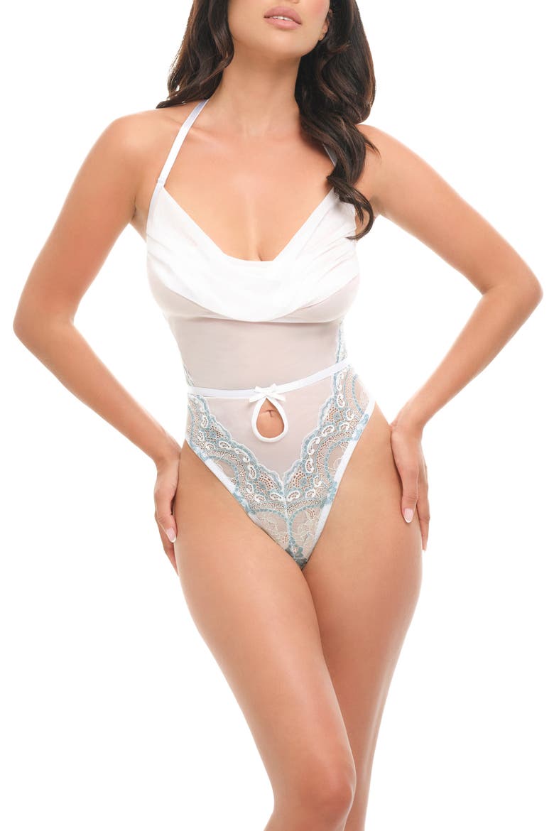 Victoria Drape Neck Teddy, Main, color, BRIGHT WHITE/ MILKY BLUE