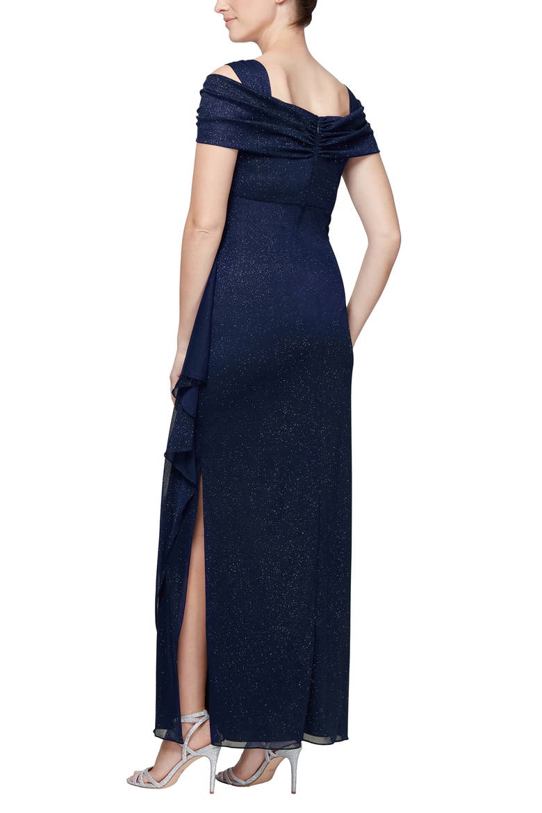 Cold Shoulder Ruffle Glitter Chiffon Gown, Alternate, color, DARK NAVY