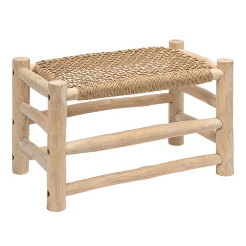 Chuck Coastal Bohemian Handcrafted Indoor/Outdoor Teak Wood Accent Stool with Woven Seat